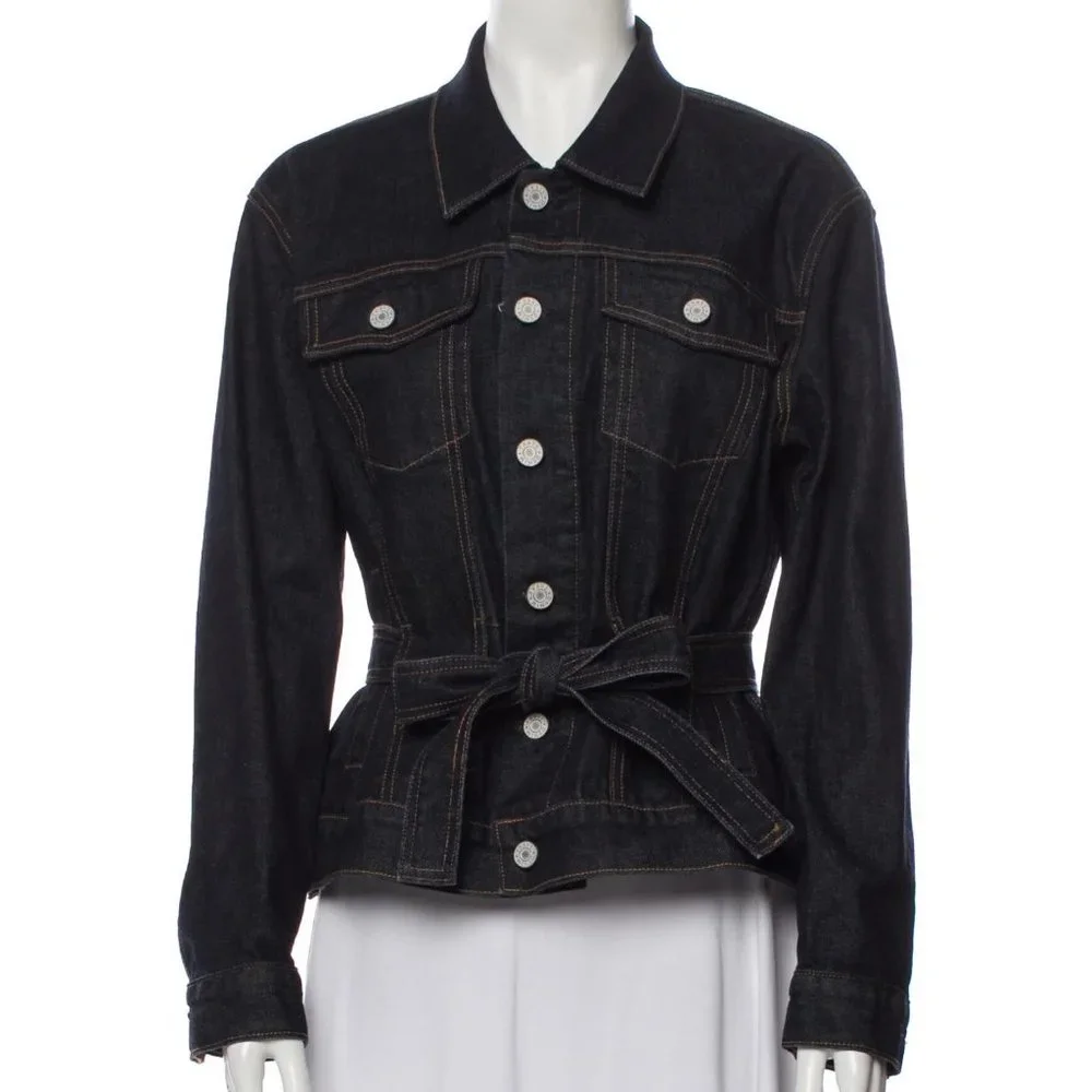 Trave Blue Pointed Collar Flap Pockets Button Closure Belted Denim Jacket Small - Picture 2 of 12